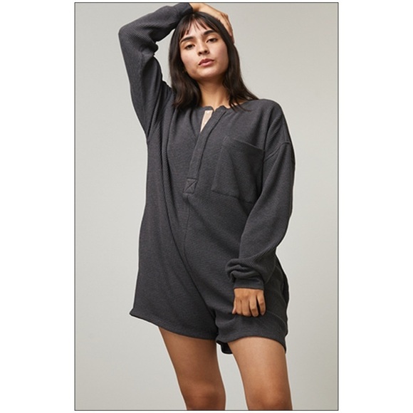 LUNYA Charcoal Waffle Thermal Long Sleeve Sleep Lounge Romper - Picture 2 of 7